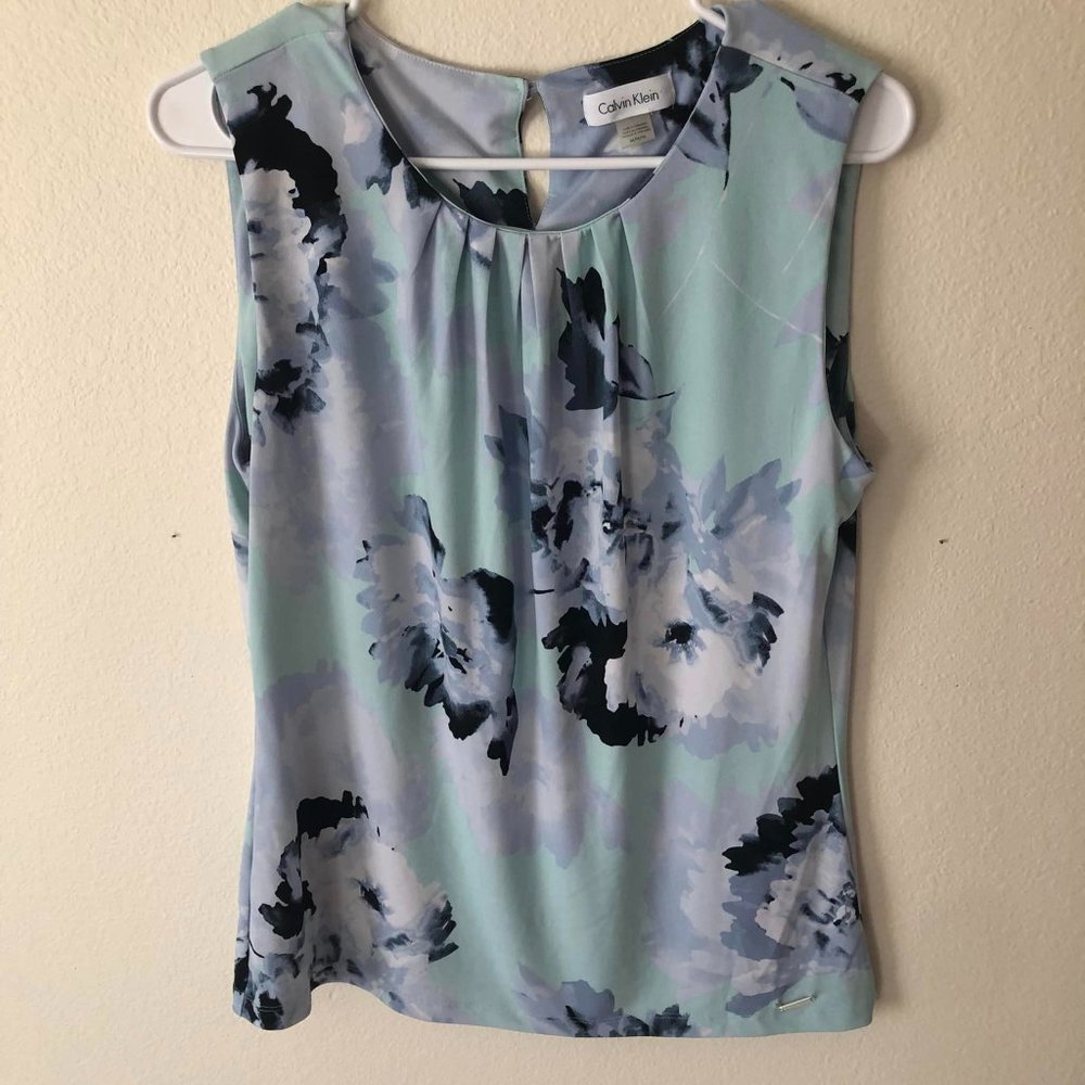 🌞 Calvin Klein Tank Top Shirt Blouse Size Medium Women Blue Green Floral